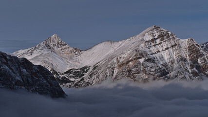 Beautiful view of the Canadian Rocky Mountains in Jasper National Park, Alberta, Canada in autumn season with snow-covered mountains.