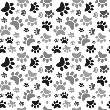 Black and white animal track, cat, dog paw seamless pattern. Vector illustration.