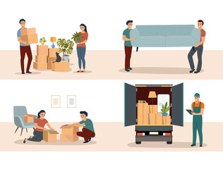 Set of people moving. Transportation service. Vector cartoon flat style illustration