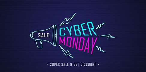 social media marketing concept of Cyber monday sale with megaphone symbol and flash model. applicable for promotion, billboard, online shopping, poster, web banner, brochure and flyer design concept.