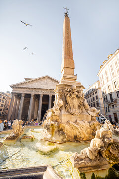 Morning view on famous Pantheon, Roman temple with fountain and Macuteo obelisc in Rome. Visiting italian sightseeings. Idea of travel Italy