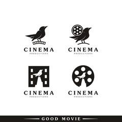 Set of Creative Movie Maker Icon. Combination Cute Bird with Film Equipments Symbol