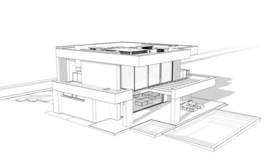 3d rendering of modern cozy house with pool and parking for sale or rent in luxurious style. Black line sketch with soft light shadows on white background