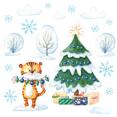 Watercolor New Year greeting card with cute tiger,Chistmas tree,gift box,