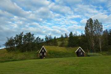 Fototapeta na wymiar Rural buildings at Dalshöfdi on the south of Iceland, Europe 