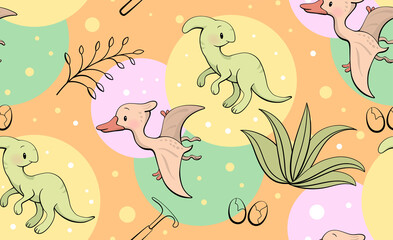 Seamless pattern with cute dinosaur. Parasaurolophus and pterodactyl in kawaii style. Vector © mariaaverburg