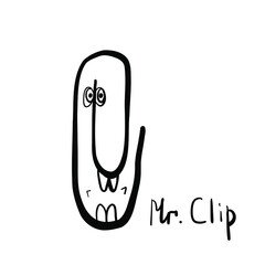 Mister paperclip. Funny fictional character isolated on white background. T-shirt print.