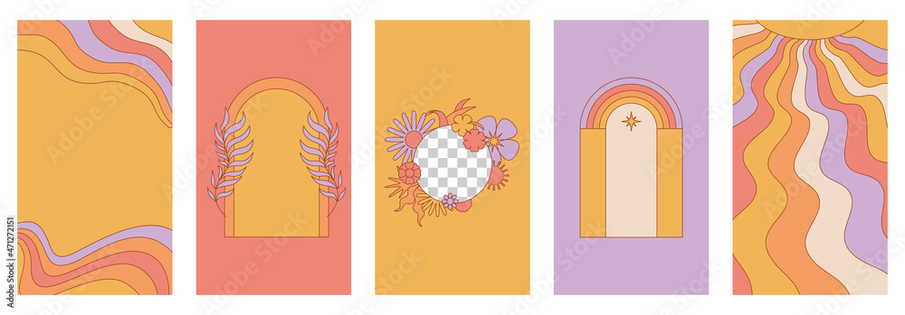 Poster Vector set of design elements and illustrations in simple linear style - boho and hippie logo design elements and frames for social media stories and posts