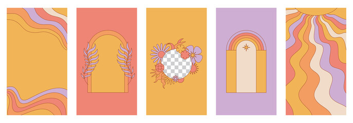 Vector set of design elements and illustrations in simple linear style - boho and hippie logo design elements and frames for social media stories and posts