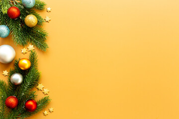 Christmas and New Year decoration frame with baubles and toys. Flat lay. Empty space for text