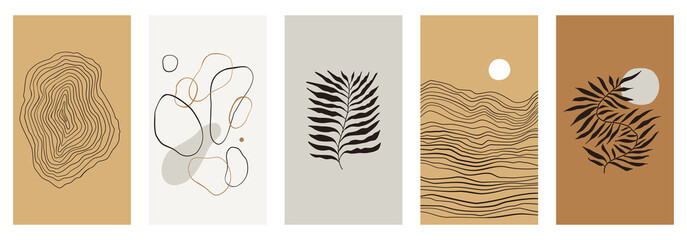 Vector illustration in simple modern style - vertical abstract backgrounds and graphic prints - decorative frames with copy space for text for social media stories in boho minimal style