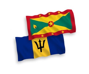 National vector fabric wave flags of Grenada and Barbados isolated on white background. 1 to 2 proportion.