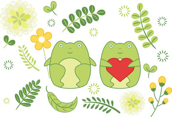 Funny frogs set in flat style on white background with stylized plant elements