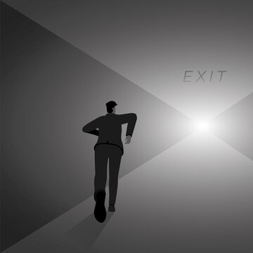 Back view of businessman runs aim to a very far target with light at the exit of the tunnel. The business concept of ambition, challenge, achievement, motivation. Vector illustration minimal style.