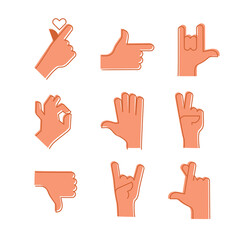 Set of hands showing different gestures. Palm pointing at something. Isolated vector illustration