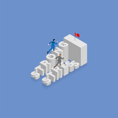 Businessman runs and steps up stair with a competitor, staircase is the text word STRONG and STRESS, arrange in alphabet order with a red flag on top. The business competition challenge concept.