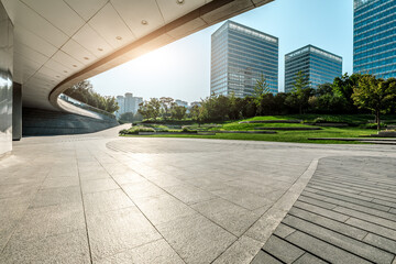 Panoramic skyline and modern commercial office buildings with empty road.empty square floors and...