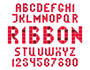 Red folded ribbon letters. Geometric typeface, twenty-six capital letters and ten numbers.
