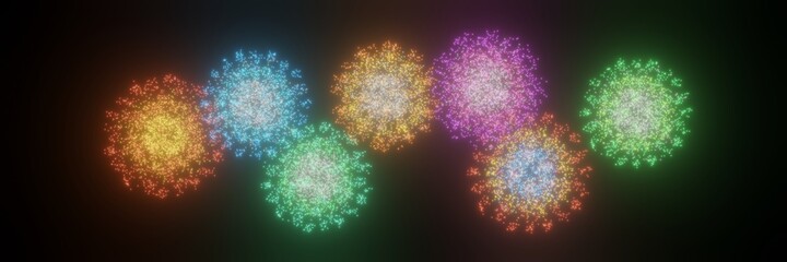 Holiday fireworks in the night sky, widescreen background illustration