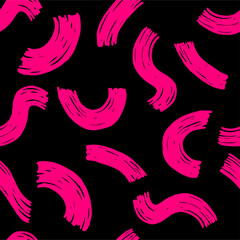 Magenta abstract seamless pattern on black background. Lines, shapes, curves, arcs. Vector design for textile, background, clothes, wrapping paper and wallpaper. Fashion illustration seamless pattern.