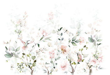 Fototapety  watercolor arrangements with garden roses, birds. collection pink flowers, leaves, branches. decorative trees isolated on white background.