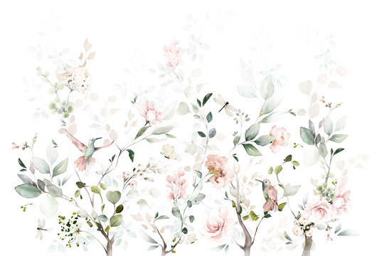 watercolor arrangements with garden roses, birds. collection pink flowers, leaves, branches. decorative trees isolated on white background.