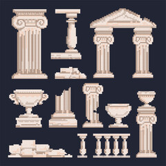 Roman and Greek pixel art illustration icon set column buildings ruins concept. Old 8 bit video game