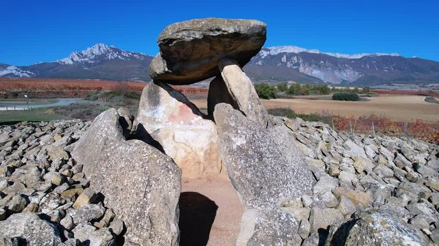 Dolmen Chabola de la Hechicera in the Alava town of Elvillar, in the Rioja Alavesa region, in the Basque Country. Spain. Europe