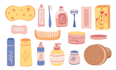 Body products set, bath accessories for procedures, body care. Vector Illustration for background, packaging, greeting cards, posters, stickers, textile, seasonal design. Isolated on white background.