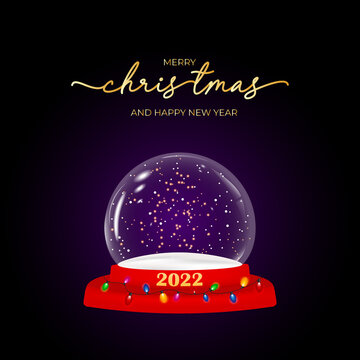 Happy New Year and Merry Christmas banner. Xmas Snowball with trees and house. Glass snow globe realistic 3d design.