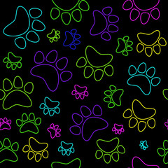 Fototapeta premium Colorful animal track, cat, dog paw seamless pattern. Vector illustration.