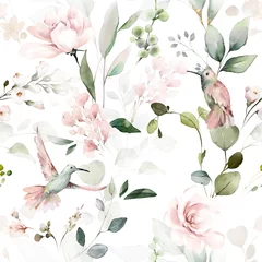 Wall murals Vintage style seamless floral watercolor pattern with garden pink flowers roses, leaves, birds, branches. Botanic tile, background.