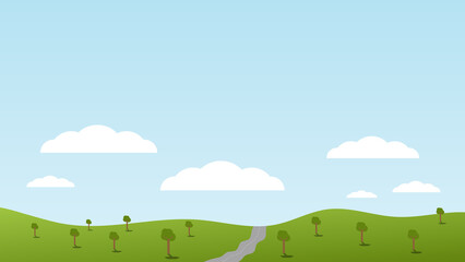 Fototapeta premium landscape cartoon scene with road and green trees on hills and summer blue sky background