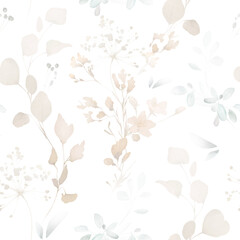 seamless floral watercolor pattern with garden pink flowers roses, leaves, branches. Botanic tile, background.