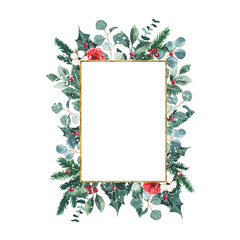 Watercolor christmas golden frame with fir branches, cotton, leaves isolated on white background. Botanical winter greenery holiday illustration for wedding invitation card design