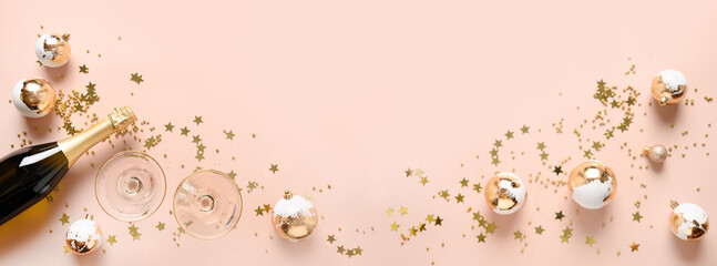 Banner with New Year champagne, wine glasses and Christmas white gold baubles on pink background....