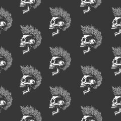 Original vector seamless pattern in vintage style. A monochrome skull with an open mouth and a punk rock hairstyle. A design element.