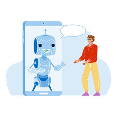 Mobile Chat Bot For Support Client Online Vector. Chat Bot For Communication And Give Information To Customer. Character Virtual Assistance On Smartphone Technology Flat Cartoon Illustration