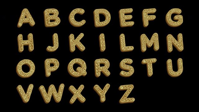 Gingerbread cookies text - biscuits alphabet font loop on transparent background with alpha channel