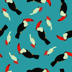 seamless vector pattern with the image of parrots and toucans for prints on fabrics, packaging, bedding and background design in children's cartoon style