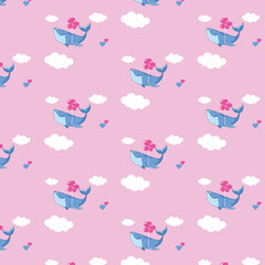 a whale flies in the clouds on balloons, vector seamless pattern