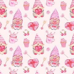 Watercolor cute Valentines gnome couple seamless pattern. Hand drawn Nordic elf with red heart, gift, hot cocoa cup, desserts. Pastel pink color palette. Cartoon illustration.