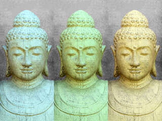 Buddha heads in stone on a plain background, bust of religion
