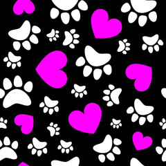 Fototapeta na wymiar Pink hearts and animal paws, cat, dog track seamless pattern. Vector illustration.