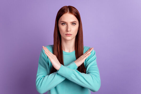 Photo of young woman crossed hands forbidden denial reject symbol isolated over violet color background