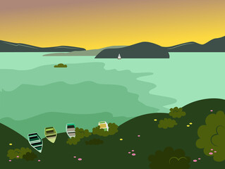 Sunset on the lake in summer, boats are left near the shore, a yacht sails in the distance against the background of mountains. Landscape. Vector illustration.