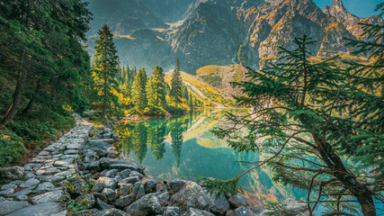 Tatra National Park, Poland. Small Mountains Lake Zabie Oko Or Ma e Morskie Oko In Summer Morning. Five Lakes Valley. Beautiful Scenic View. European Nature © Great Brut Here