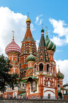Colorful domes of the Cathedral of Vasily the Blessed commonly known as Saint Basil's Cathedral at Red Square in Moscow, Russia, Europe