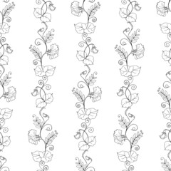 Seamless pattern with print of flowering branches of sweet pea, vertical ornament with black outline and white fill.