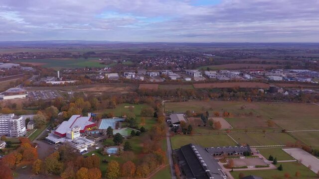 Drone panning over the spa town of Bad Nauheim in central Hesse during the day